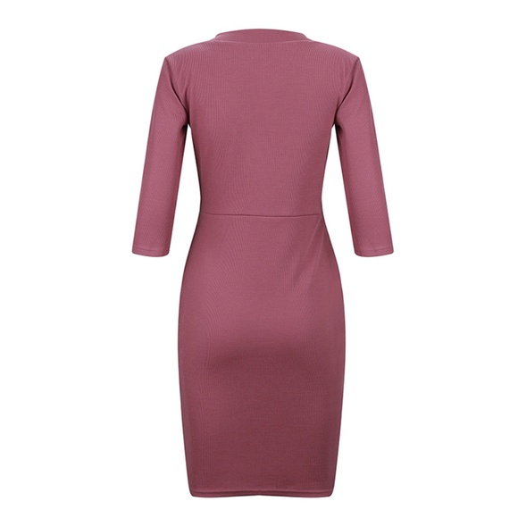 Ribbed Bodycon V-Neck Slim Dress Dark Mauve Pink - Picture 5 of 8